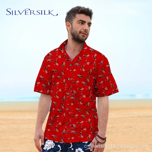 Print Men Blouse Short Red Flower Custom Shirt